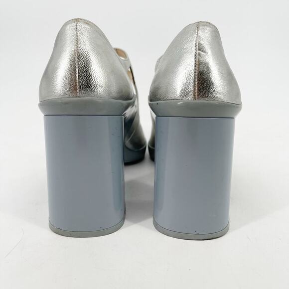 Prada F/W 2015 Silver Metallic Leather Mary Jane Rubber Trim Block Heels IT 37.5 - Picture 11 of 16